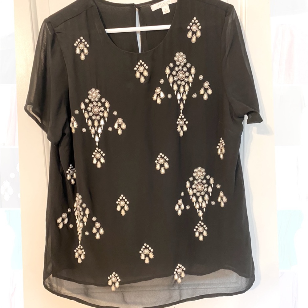 Pearl embellished black and white top